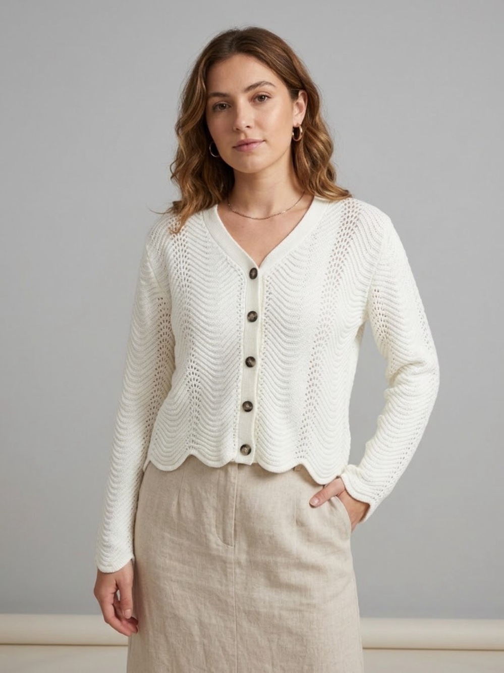 Nancy Yang Cream Knit Cardigan V Neck Scallop Hem Sweater M